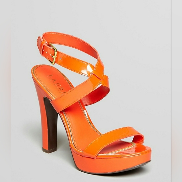 Ralph Lauren Faythe Bright Orange 100% Leather Strappy Platform Heels Size 10B - Picture 15 of 15